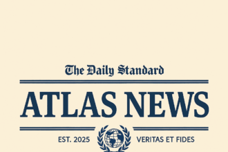 Sigla Atlas News pe fundal crem, alături de mesaj de felicitare din partea NewsCom.