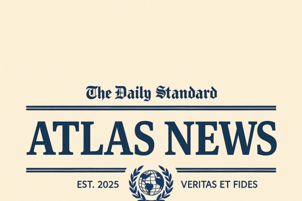 Sigla Atlas News pe fundal crem, alături de mesaj de felicitare din partea NewsCom.