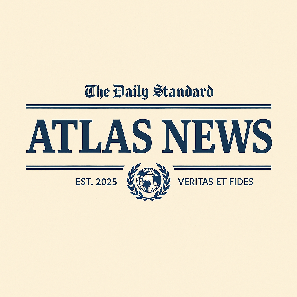 Sigla Atlas News pe fundal crem, alături de mesaj de felicitare din partea NewsCom.